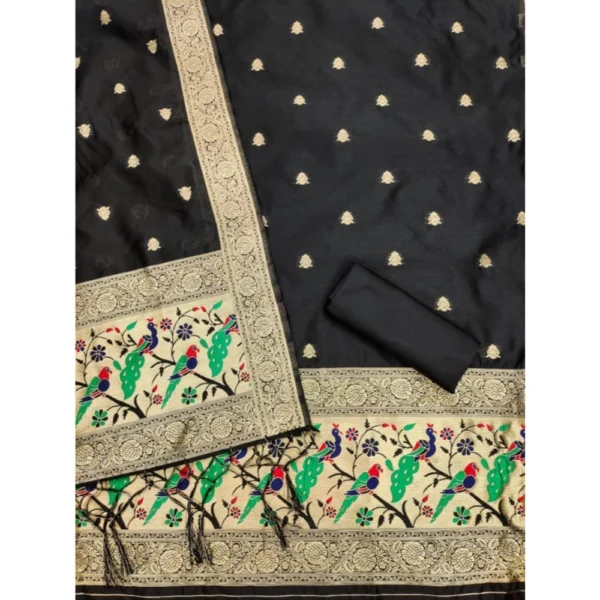 Women's Banarasi Silk Printed Unstitched Salwar Suit Material With Dupatta (Black, 3Mtrs) - Image 3