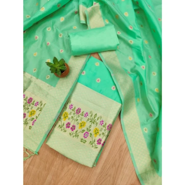 Women's Banarasi Silk Printed Unstitched Salwar Suit Material With Dupatta (Sea Green, 3Mtrs) - Image 4