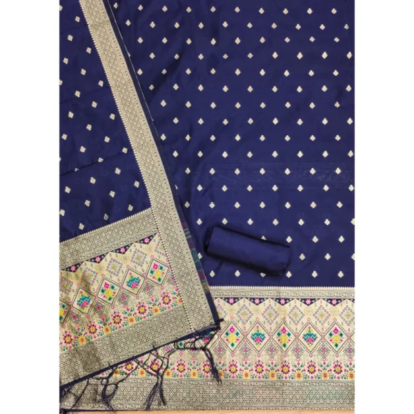 Women's Banarasi Silk Printed Unstitched Salwar Suit Material With Dupatta (Navy Blue, 3Mtrs) - Image 3