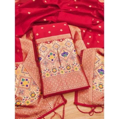 Women's Banarasi Silk Printed Unstitched Salwar Suit Material With Dupatta (Red, 3Mtrs)