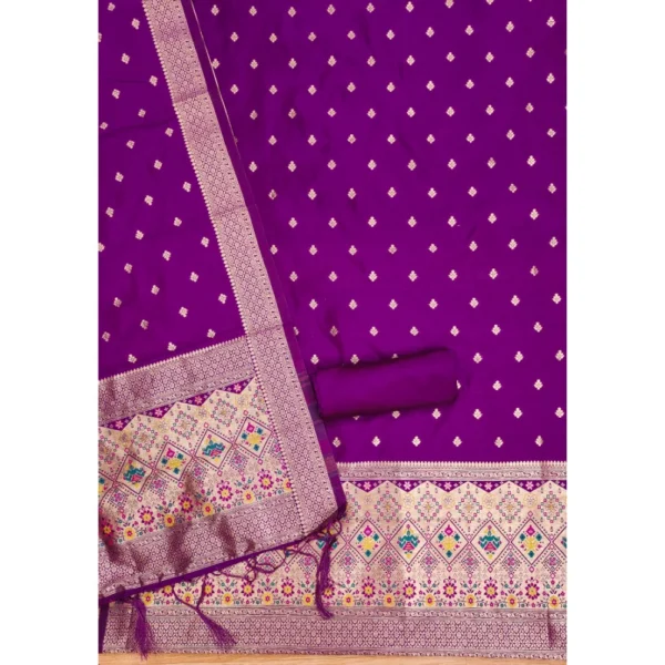 Women's Banarasi Silk Printed Unstitched Salwar Suit Material With Dupatta (Purple, 3Mtrs) - Image 3
