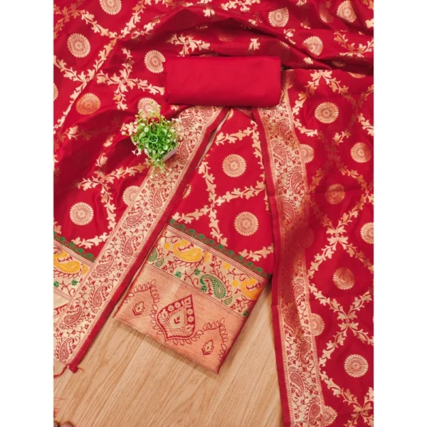 Women's Banarasi Silk Printed Unstitched Salwar Suit Material With Dupatta (Red, 3Mtrs) - Image 4