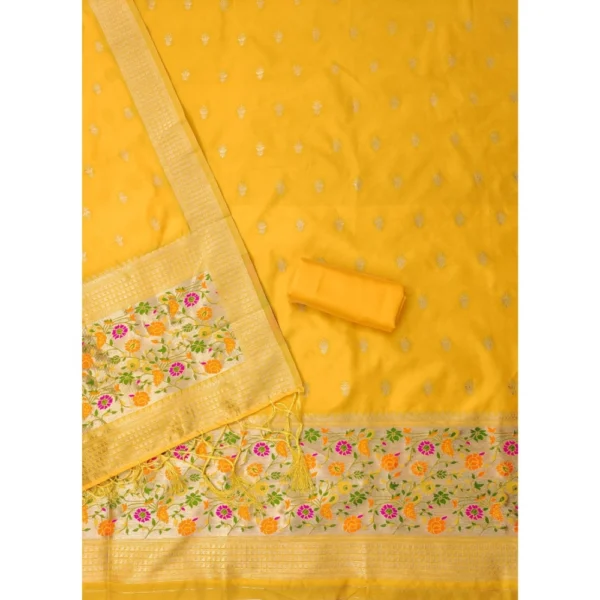 Women's Banarasi Silk Printed Unstitched Salwar Suit Material With Dupatta (Yellow, 3Mtrs) - Image 3