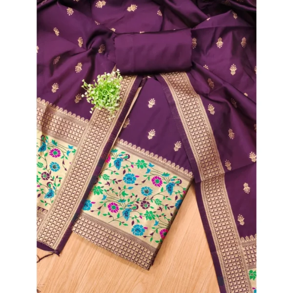 Women's Banarasi Silk Printed Unstitched Salwar Suit Material With Dupatta (Wine, 3Mtrs) - Image 4