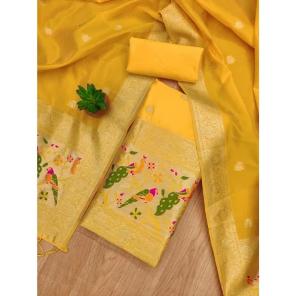 Women's Banarasi Silk Printed Unstitched Salwar Suit Material With Dupatta (Yellow, 3Mtrs) - Image 4