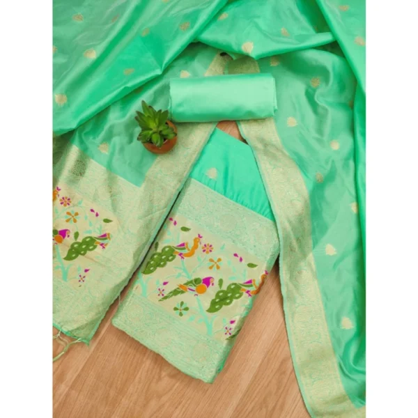 Women's Banarasi Silk Printed Unstitched Salwar Suit Material With Dupatta (Sea Green, 3Mtrs) - Image 4