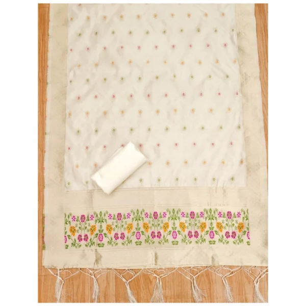 Women's Banarasi Silk Printed Unstitched Salwar Suit Material With Dupatta (White, 3Mtrs) - Image 2