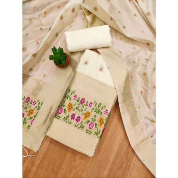 Women's Banarasi Silk Printed Unstitched Salwar Suit Material With Dupatta (White, 3Mtrs) - Image 4