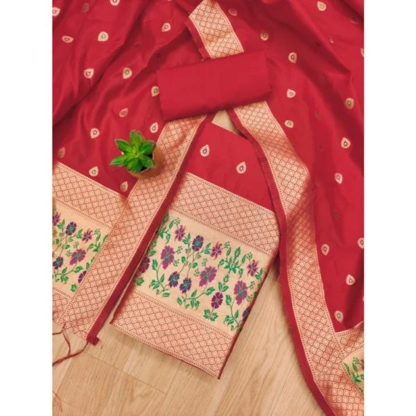 Women's Banarasi Silk Printed Unstitched Salwar Suit Material With Dupatta (Red, 3Mtrs) - Image 4