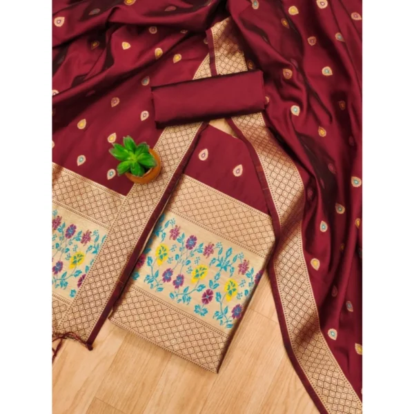 Women's Banarasi Silk Printed Unstitched Salwar Suit Material With Dupatta (Maroon, 3Mtrs) - Image 4