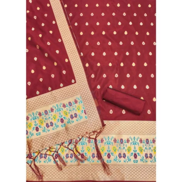 Women's Banarasi Silk Printed Unstitched Salwar Suit Material With Dupatta (Maroon, 3Mtrs) - Image 3