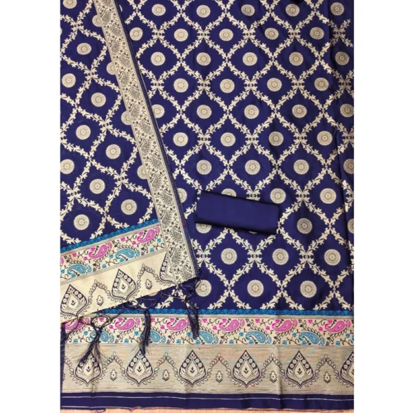 Women's Banarasi Silk Printed Unstitched Salwar Suit Material With Dupatta (Navy Blue, 3Mtrs) - Image 3
