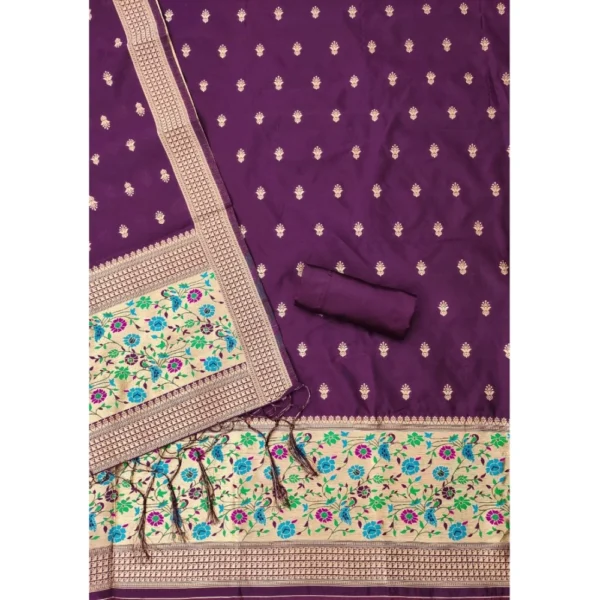 Women's Banarasi Silk Printed Unstitched Salwar Suit Material With Dupatta (Wine, 3Mtrs) - Image 3