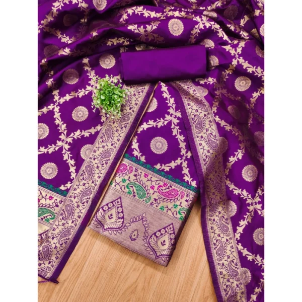 Women's Banarasi Silk Printed Unstitched Salwar Suit Material With Dupatta (Purple, 3Mtrs) - Image 4