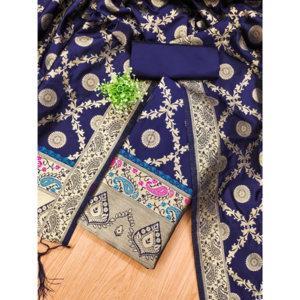 Women's Banarasi Silk Printed Unstitched Salwar Suit Material With Dupatta (Navy Blue, 3Mtrs) - Image 4