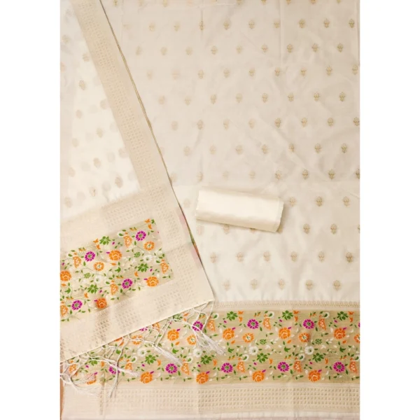 Women's Banarasi Silk Printed Unstitched Salwar Suit Material With Dupatta (White, 3Mtrs) - Image 3