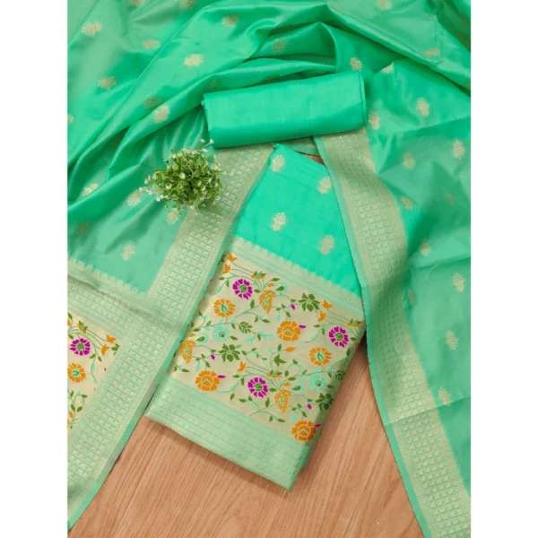 Women's Banarasi Silk Printed Unstitched Salwar Suit Material With Dupatta (Sea Green, 3Mtrs) - Image 4