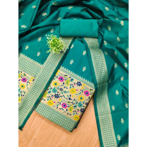 Women's Banarasi Silk Printed Unstitched Salwar Suit Material With Dupatta (Rama, 3Mtrs) - Image 4