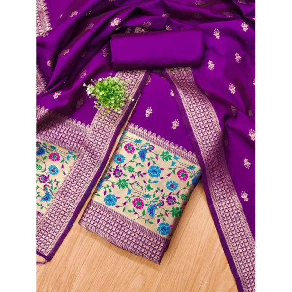 Women's Banarasi Silk Printed Unstitched Salwar Suit Material With Dupatta (Purple, 3Mtrs) - Image 4