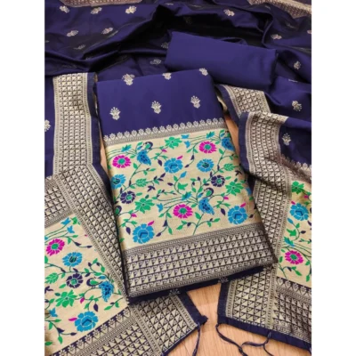 Women's Banarasi Silk Printed Unstitched Salwar Suit Material With Dupatta (Navy Blue, 3Mtrs)