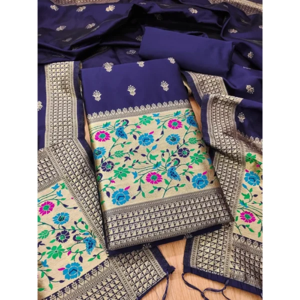 Women's Banarasi Silk Printed Unstitched Salwar Suit Material With Dupatta (Navy Blue, 3Mtrs)