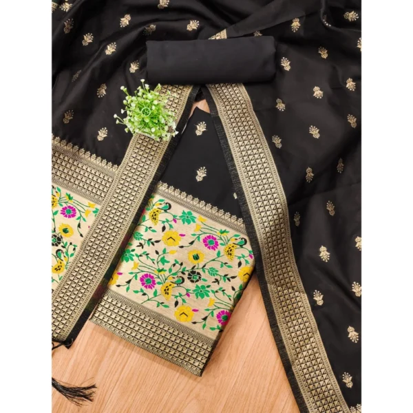 Women's Banarasi Silk Printed Unstitched Salwar Suit Material With Dupatta (Black, 3Mtrs) - Image 4