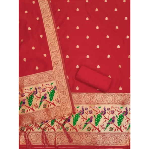 Women's Banarasi Silk Printed Unstitched Salwar Suit Material With Dupatta (Red, 3Mtrs) - Image 3