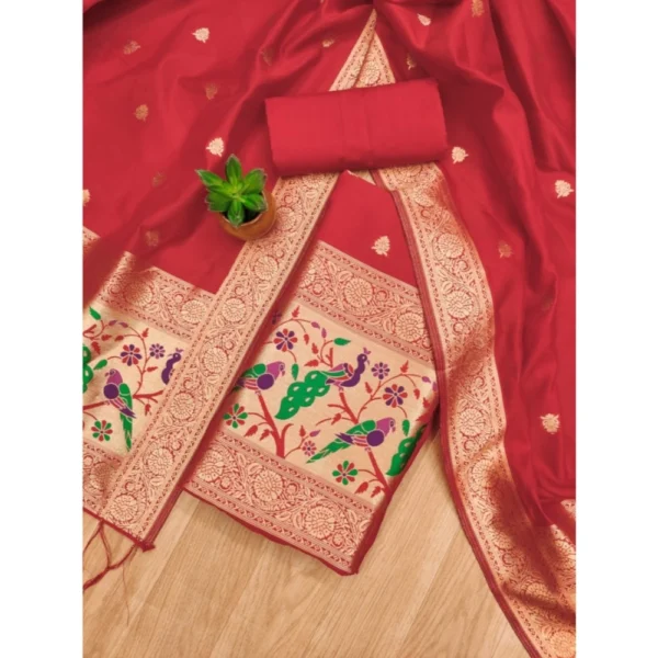 Women's Banarasi Silk Printed Unstitched Salwar Suit Material With Dupatta (Red, 3Mtrs) - Image 4