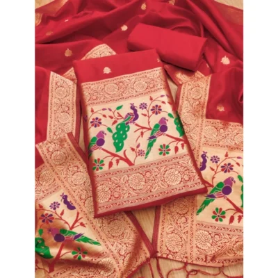 Women's Banarasi Silk Printed Unstitched Salwar Suit Material With Dupatta (Red, 3Mtrs)