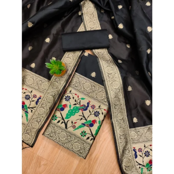Women's Banarasi Silk Printed Unstitched Salwar Suit Material With Dupatta (Black, 3Mtrs) - Image 4