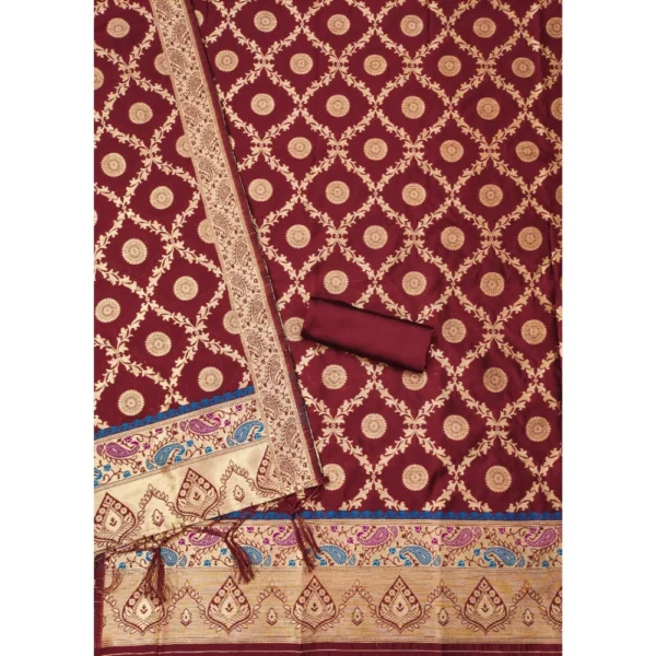 Women's Banarasi Silk Printed Unstitched Salwar Suit Material With Dupatta (Maroon, 3Mtrs) - Image 3