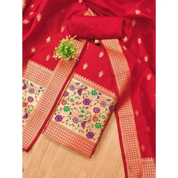 Women's Banarasi Silk Printed Unstitched Salwar Suit Material With Dupatta (Red, 3Mtrs) - Image 4