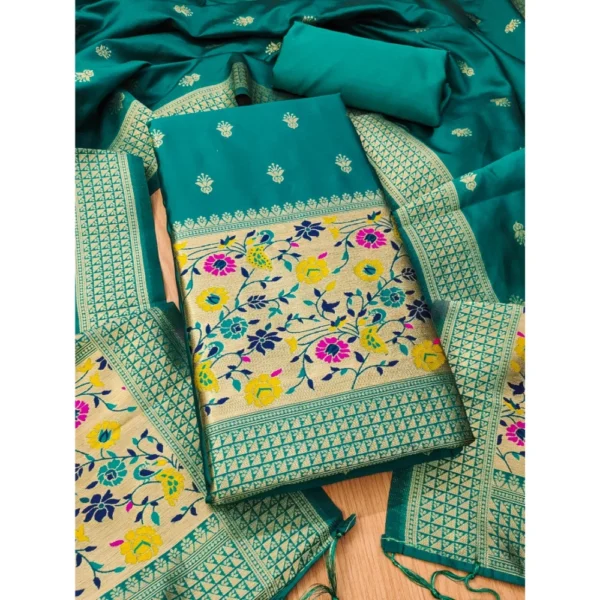 Women's Banarasi Silk Printed Unstitched Salwar Suit Material With Dupatta (Rama, 3Mtrs)