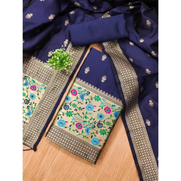 Women's Banarasi Silk Printed Unstitched Salwar Suit Material With Dupatta (Navy Blue, 3Mtrs) - Image 2