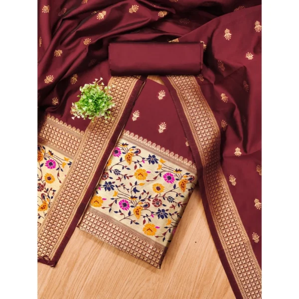 Women's Banarasi Silk Printed Unstitched Salwar Suit Material With Dupatta (Maroon, 3Mtrs) - Image 4