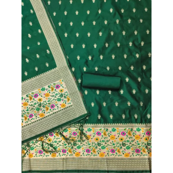 Women's Banarasi Silk Printed Unstitched Salwar Suit Material With Dupatta (Bottle Green, 3Mtrs) - Image 3