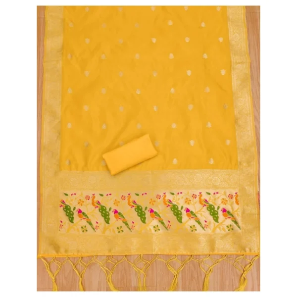 Women's Banarasi Silk Printed Unstitched Salwar Suit Material With Dupatta (Yellow, 3Mtrs) - Image 2