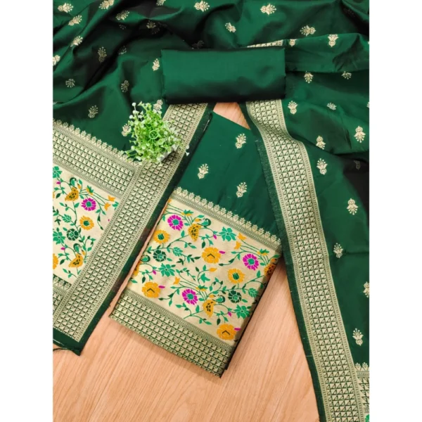 Women's Banarasi Silk Printed Unstitched Salwar Suit Material With Dupatta (Bottle Green, 3Mtrs) - Image 4