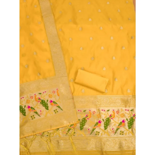 Women's Banarasi Silk Printed Unstitched Salwar Suit Material With Dupatta (Yellow, 3Mtrs) - Image 3