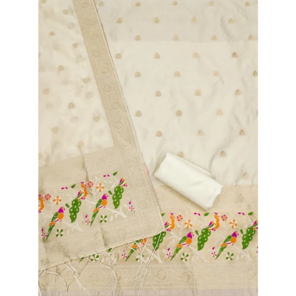 Women's Banarasi Silk Printed Unstitched Salwar Suit Material With Dupatta (White, 3Mtrs) - Image 3