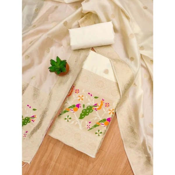 Women's Banarasi Silk Printed Unstitched Salwar Suit Material With Dupatta (White, 3Mtrs) - Image 4