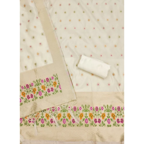 Women's Banarasi Silk Printed Unstitched Salwar Suit Material With Dupatta (White, 3Mtrs) - Image 3