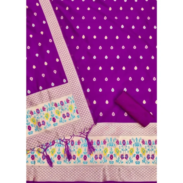 Women's Banarasi Silk Printed Unstitched Salwar Suit Material With Dupatta (Purple, 3Mtrs) - Image 3