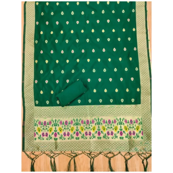 Women's Banarasi Silk Printed Unstitched Salwar Suit Material With Dupatta (Bottle Green, 3Mtrs) - Image 2