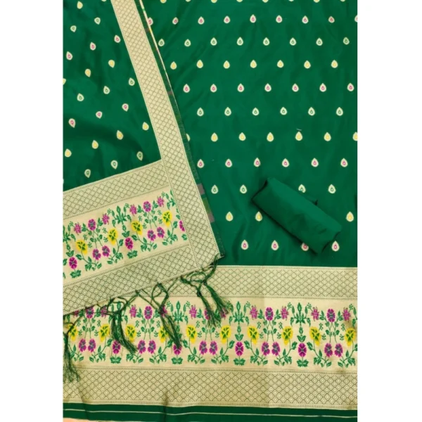 Women's Banarasi Silk Printed Unstitched Salwar Suit Material With Dupatta (Bottle Green, 3Mtrs) - Image 3