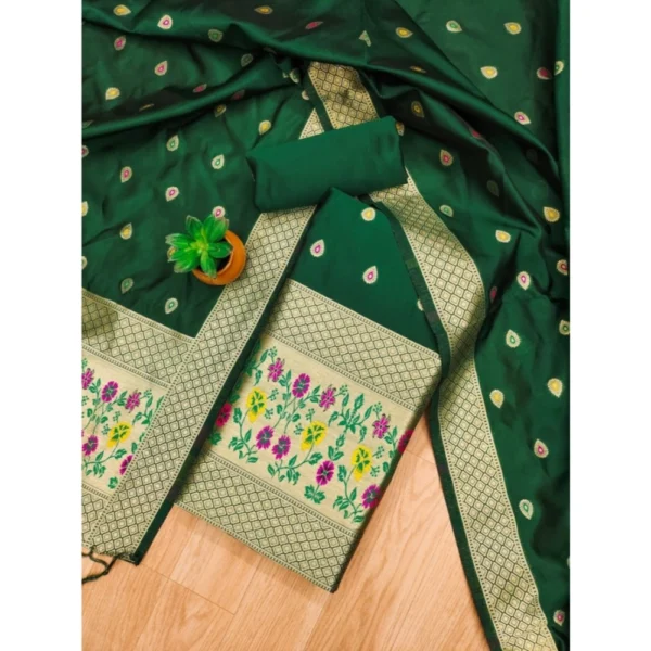 Women's Banarasi Silk Printed Unstitched Salwar Suit Material With Dupatta (Bottle Green, 3Mtrs) - Image 4
