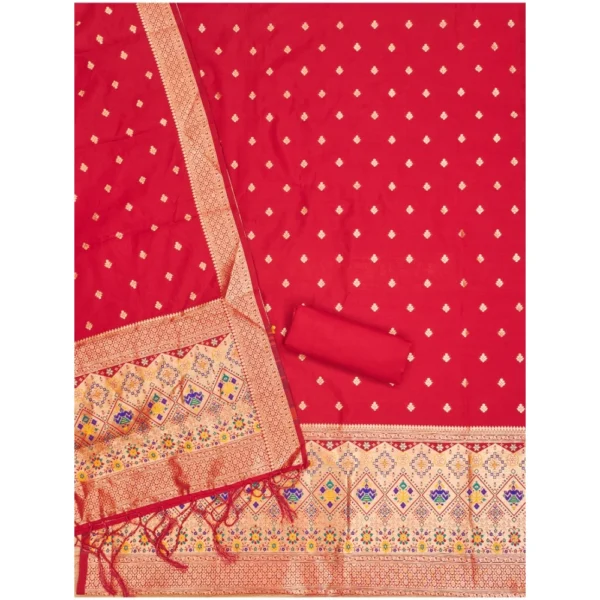 Women's Banarasi Silk Printed Unstitched Salwar Suit Material With Dupatta (Red, 3Mtrs) - Image 3
