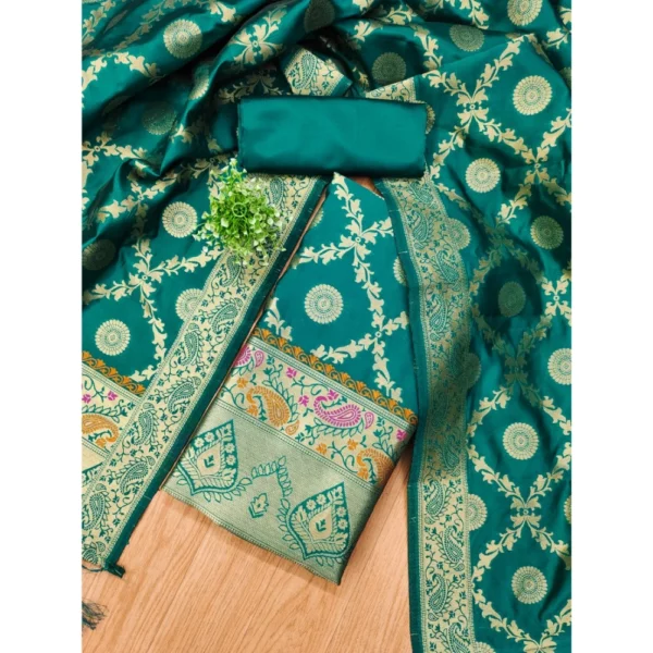 Women's Banarasi Silk Printed Unstitched Salwar Suit Material With Dupatta (Rama, 3Mtrs) - Image 4