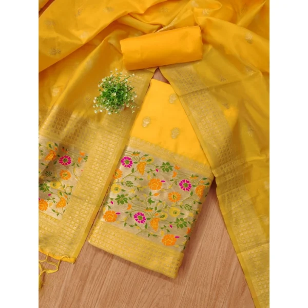 Women's Banarasi Silk Printed Unstitched Salwar Suit Material With Dupatta (Yellow, 3Mtrs) - Image 4