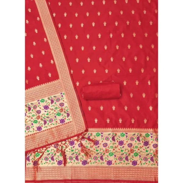 Women's Banarasi Silk Printed Unstitched Salwar Suit Material With Dupatta (Red, 3Mtrs) - Image 3